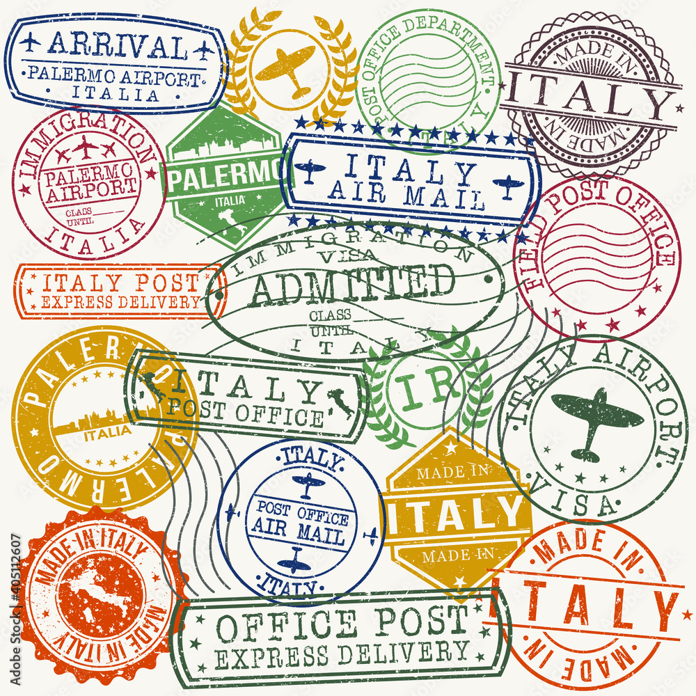 Palermo Italy Stamp Vector Art Postal Passport Travel Design Set Seal Badge.