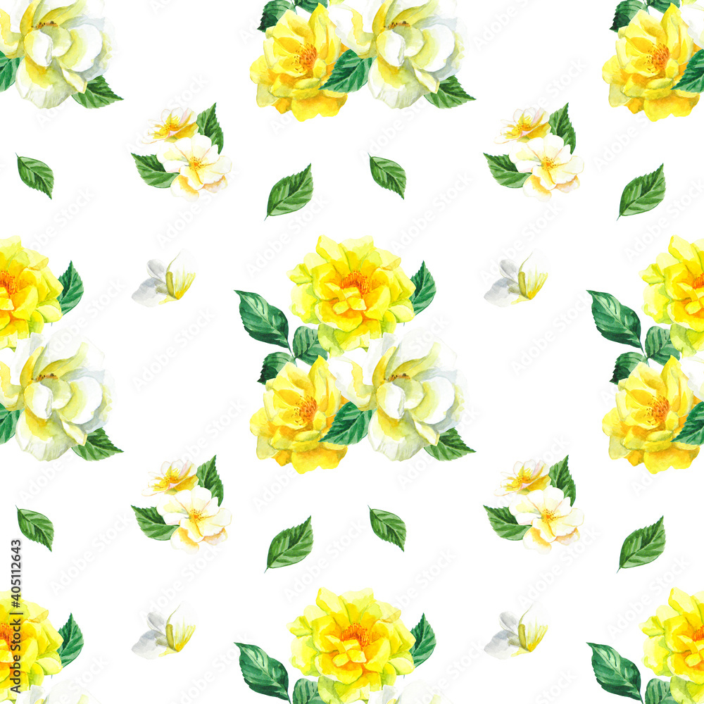 Watercolor floral seamless pattern for textile, fabric, wallpaper. Hand drawn yellow and white roses with leaves