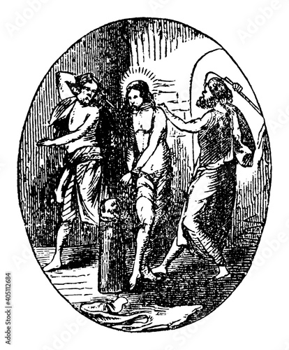 Flagellation of Jesus Christ or Christ at the column or scourging at the pillar.Antique vintage biblical Christian engraving or drawing.Bible, New Testament, John 19,Mark 15,Matthew 27