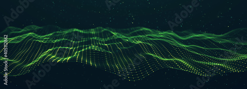 Futuristic wave on dark background. Colored pattern of connection dots and lines. Technology or Science Banner. 3D