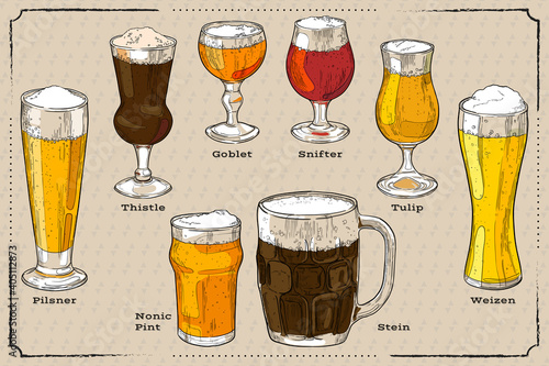 A set of different types of beer glasses. Hand drawn vector multicolor illustration.