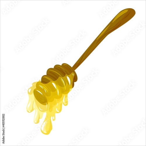 honey dipper. hand drawn honey spoon in cartoon style. bee honey or maple syrup. Vector illustration isolated on white background.