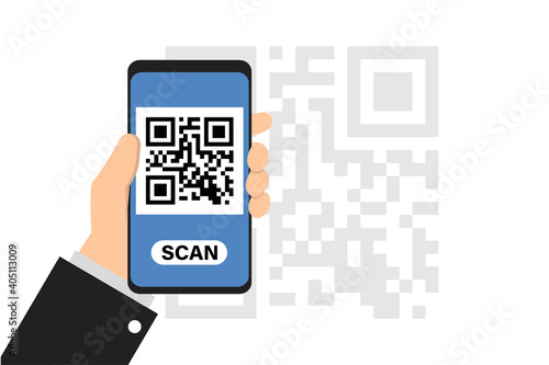 Smartphone in hand scan QR code. Qrcode on phone camera. Vector flat illustration.