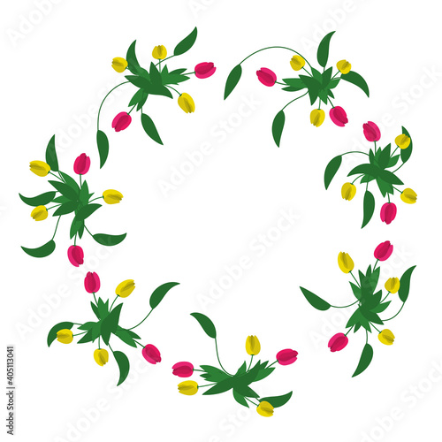 floral wreath for joyful greetings  yellow and red tulips with leaves