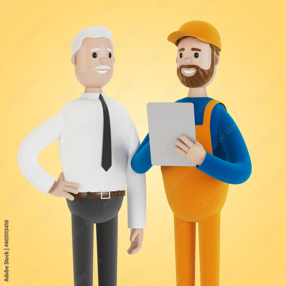 The builder and the customer are discussing the work plan. Acceptance of apartments. 3D illustration in cartoon style. The builder and the customer are discussing the work plan. Acceptance of apartments. 3D illustration in cartoon style.