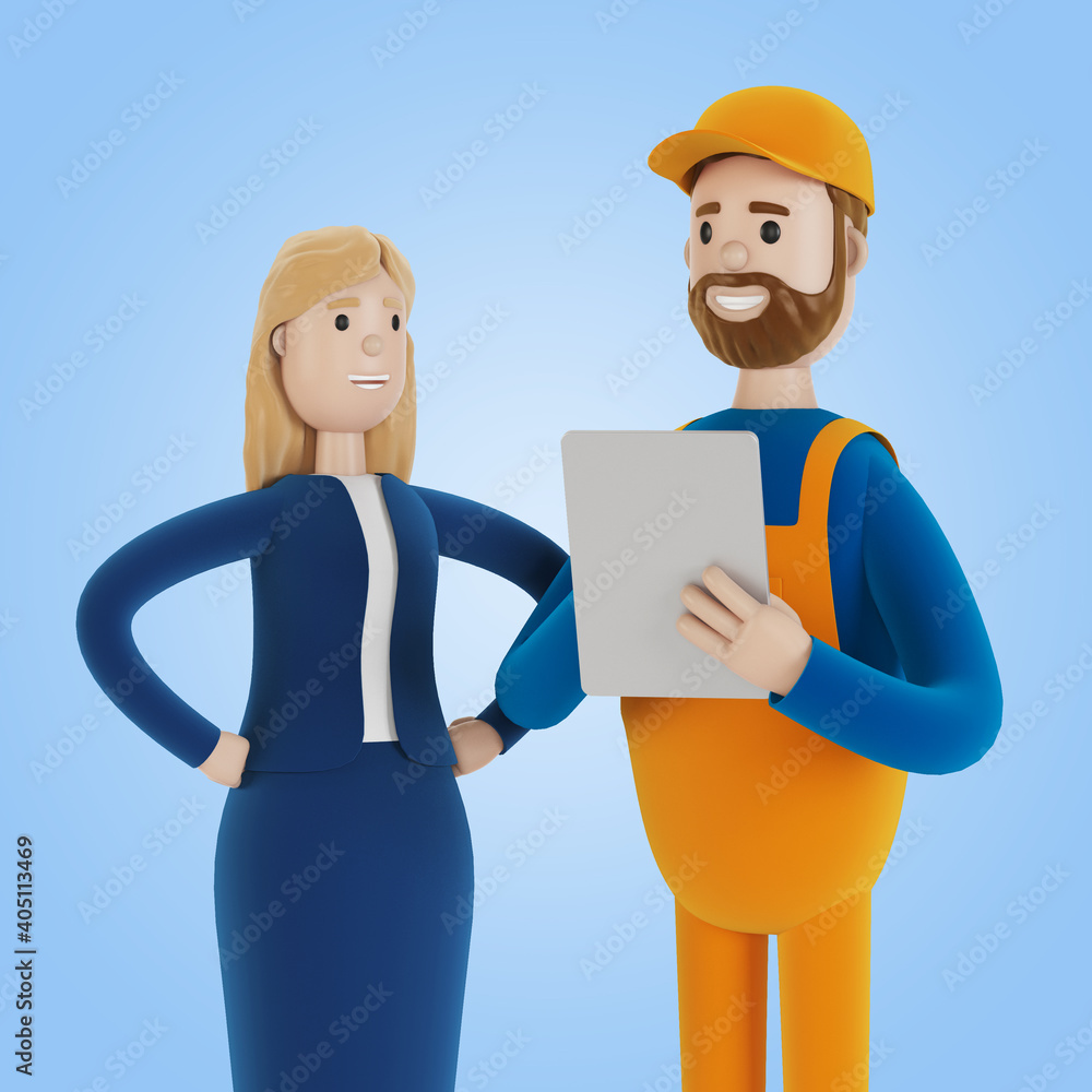 The builder with the customer are discussing the work plan. Acceptance of apartments. 3D illustration in cartoon style. The builder with the customer are discussing the work plan. Acceptance of apartments. 3D illustration in cartoon style.