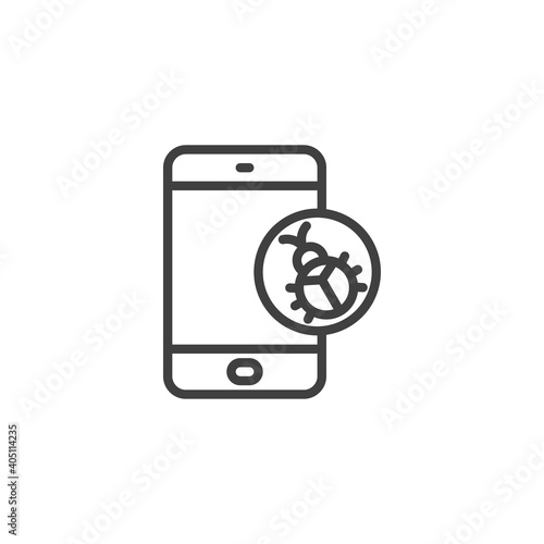 Mobile phone bug line icon. linear style sign for mobile concept and web design. Smartphone virus bug outline vector icon. Symbol, logo illustration. Vector graphics