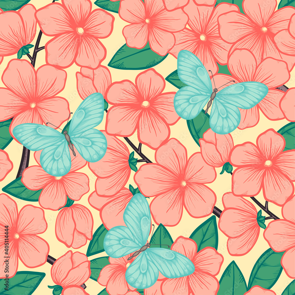 Beautiful seamless background with branches of flowering trees and butterflies. Beautiful seamless background with branches of flowering trees and butterflies.