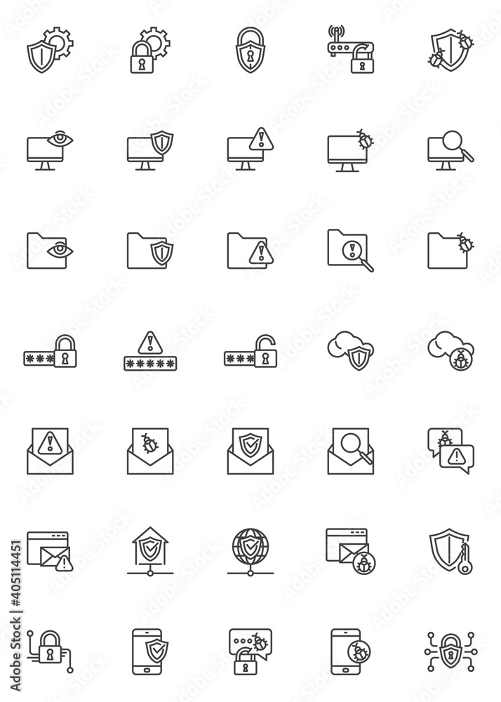 Cyber security line icons set. linear style symbols collection, outline signs pack. vector graphics. Set includes icons as computer cyber attack, network security shield, mobile phone protection