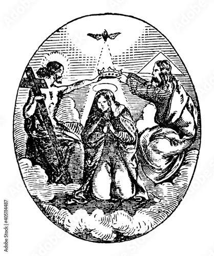 God, Jesus Christ and Holy Spirit are crowning virgin Mary as queen in heaven.Antique vintage biblical religious engraving or drawing.