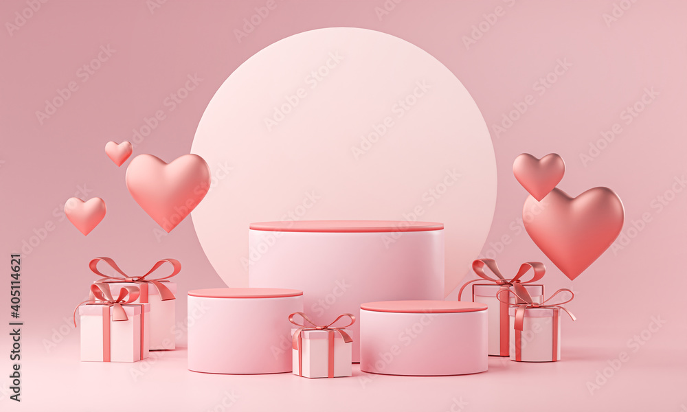Three Stage Template Valentine Wedding Love Heart Shape and Gift Box 3D Rendering