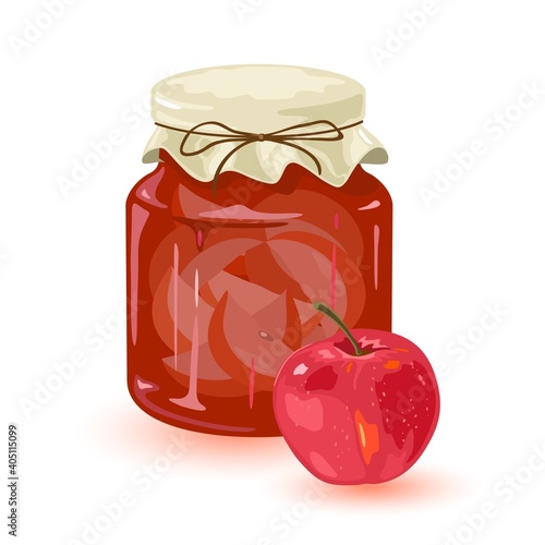 Vitaminized summer fruit canned for winter in jam. Vector sweet syrup with apple pieces, dessert, homemade jelly, cooking, snack, sweets design isolated on white background