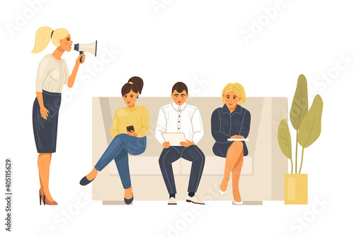 Staff search. Recruiting for business, job hiring, search for an employee for vacant position. Unemployed people in crisis, sit in line for an interview on vacant job. Headhunting, recruitment