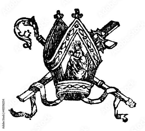Slika na platnu Bishop mitre or miter, cross and pastoral staff crosier or crozier