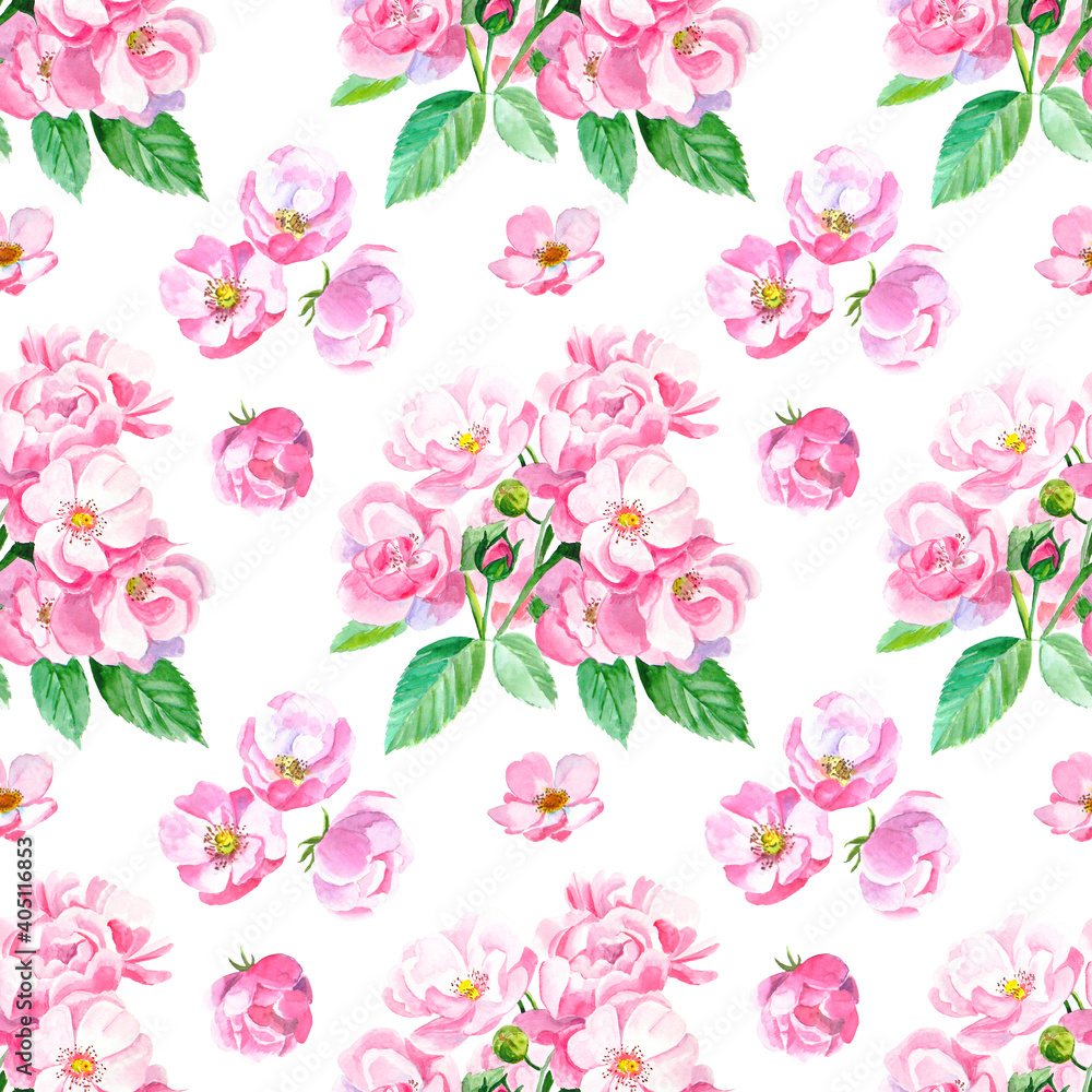Seamless pattern design with pink flowers. Floral illustration for textile, fabric or wallpaper