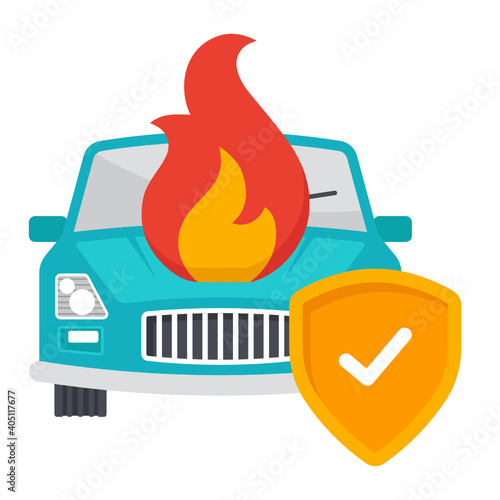 Collateral protection insurance concept,  Motor Car is Being Caught by Fire with Shield Vector Color Icon Design, Financial loss Protection Symbol on white background, Risk management Sign,
