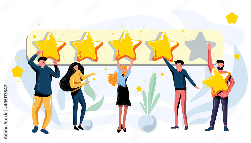 Fototapeta premium Customer leave review, give feedback, create quality rating. Consumer or user experience feedback, voting and business product satisfaction level or service evaluation vector illustration