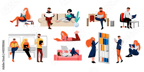 Smart student studying or people book lover reading set. Modern literature fan or young reader reading book learning in transport, park, library, home vector illustration isolated on white background