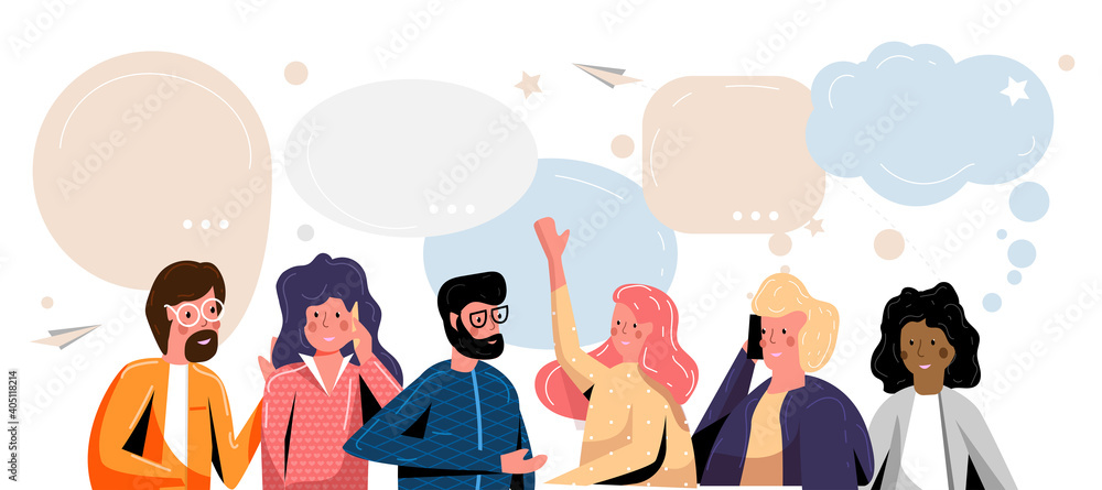 Communicating people group and social media speech bubble. Smartphone call talking or speaking people and chat dialog for communication, conversation and virtual interaction vector illustration - obrazy, fototapety, plakaty 