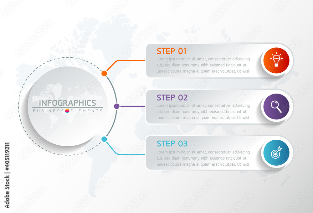 Fototapeta premium Vector elements for infographics. presentation and chart. steps or processes. options number workflow template design. 3 steps.