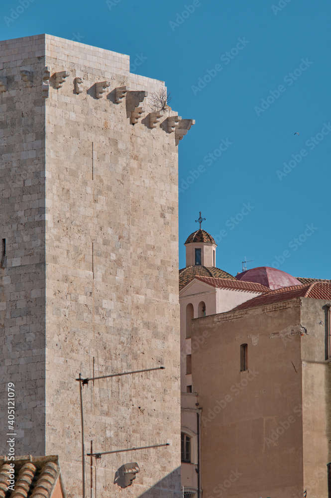 Cagliari old Castle city with the San Pancrazio Tower - sardinia - italy .