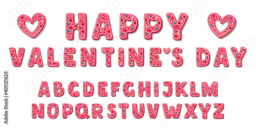 Pink sweet Valentine font. Cute cookies Alphabet. Love letters ABC in cartoon style. Sweets for girls. Vector illustration