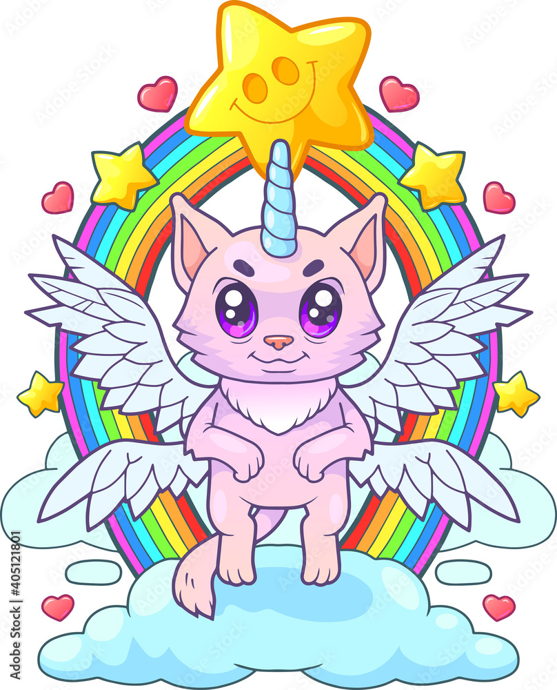 Naklejka premium little cute cat unicorn, funny illustration