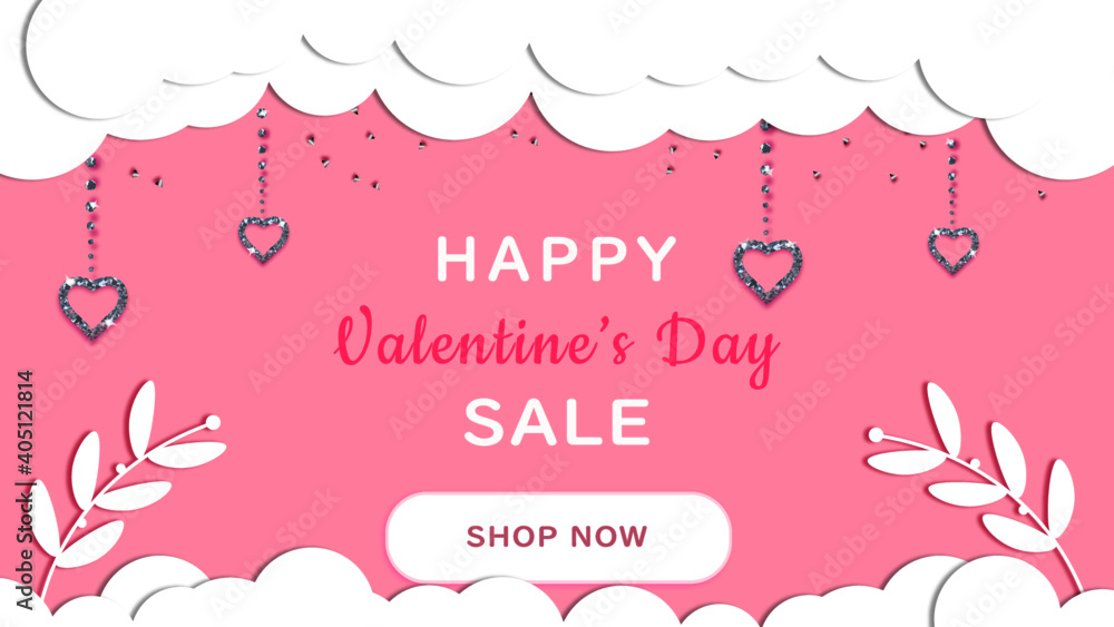 valentine's day sale banner with hearts, clouds and glitter valentine's day sale banner with hearts, clouds and glitter