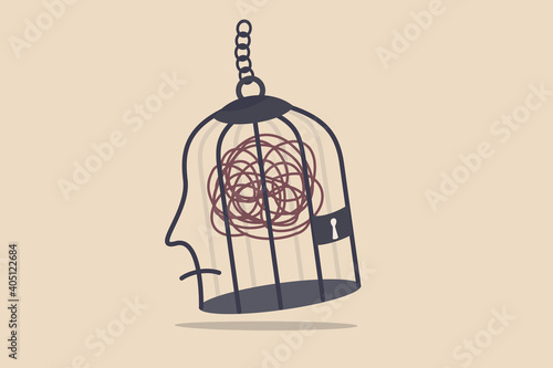 Mental health, stressed and anxiety from work, depression or obsession in human brain concept, mess line metaphor of stressed and trouble in bird cage with the line like human head.