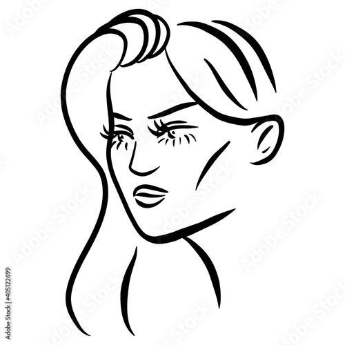 Beautiful young woman face isolated on white background. Line Black and white female portrait. Vector illustration.