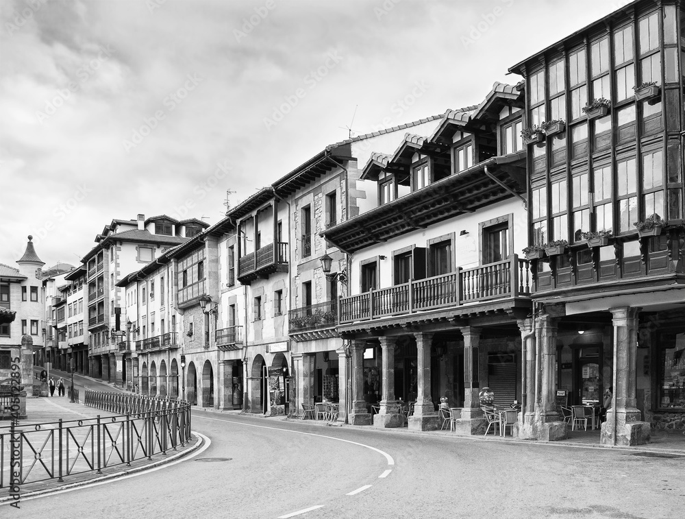 Street in Potes, Cantabria, Spain. Black and white