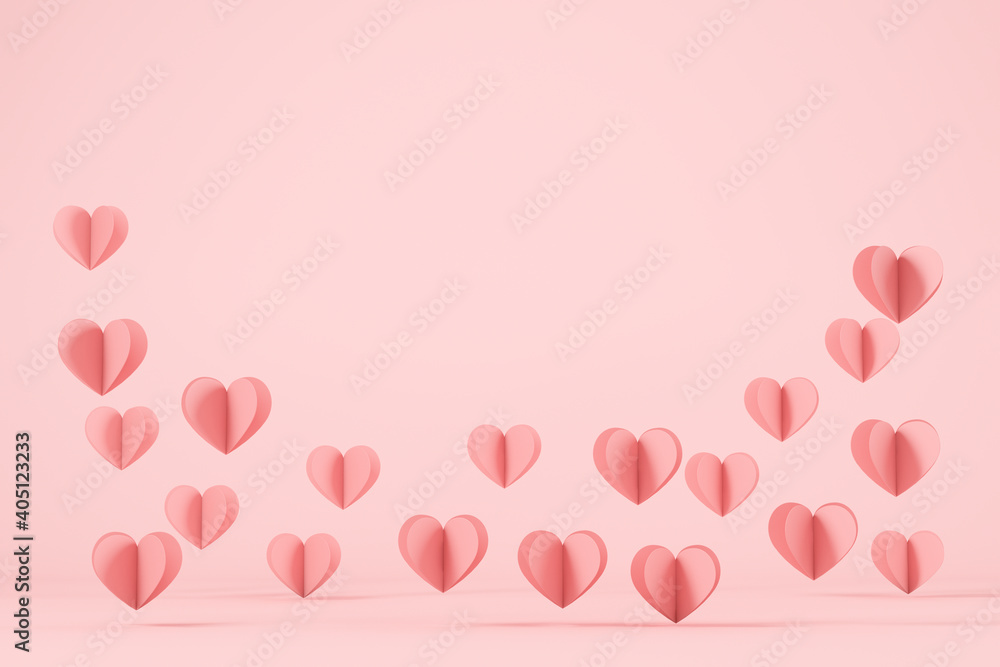 Cutout hearts flying on pink background, copy space Cutout hearts flying on pink background, copy space