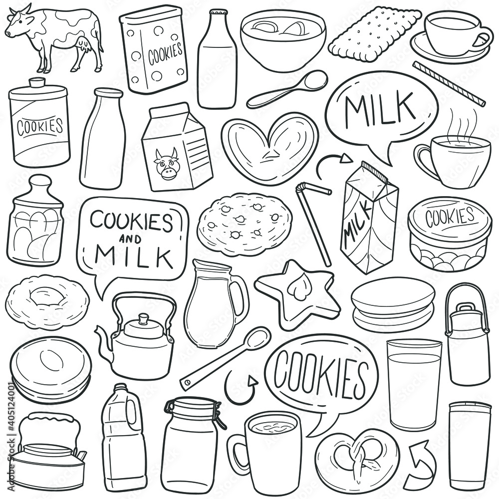 Cookies and Milk doodle icon set. Traditional Vector illustration
