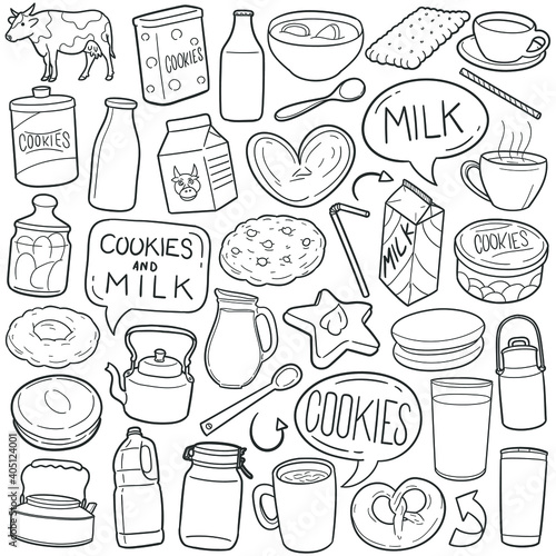 Cookies and Milk doodle icon set. Traditional Vector illustration collection. Food and Drink Hand drawn Line art style.