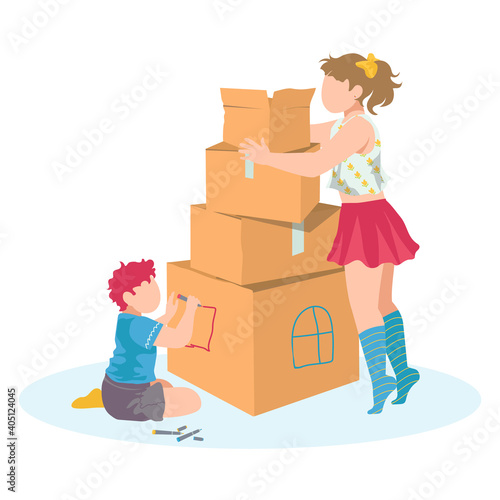 Brother and sister together play cardboard castle, creative character female male plaything cartoon vector illustration, isolated on white. Imagination idea child hold carton fortress.