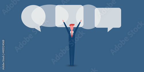 Cooperation, Teamwork, Ideas, Work Together Concept - Standing Business Man Finds the Best Solution from Collected Opinions