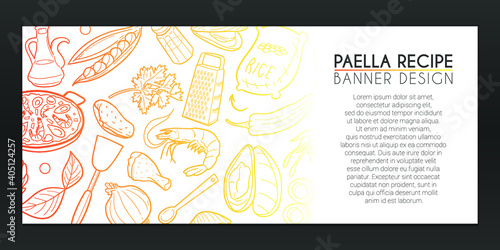Paella Banner Doodles. Spanish Food Background Hand drawn. Recipe Cook illustration. Spain Dishes Vector Horizontal Design.