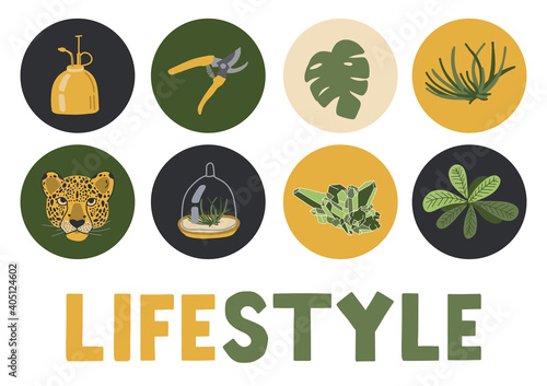 Collection life style. Elements: leopard, quartz crystal, plants. Hobbies, trendy home decor, taking care of yourself. Green plants. Jungle style home.Vector illustration.