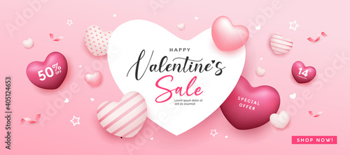 Happy Valentine's day sale heart space, balloon heart pink colorful banners design on pink background, Eps 10 vector illustration
