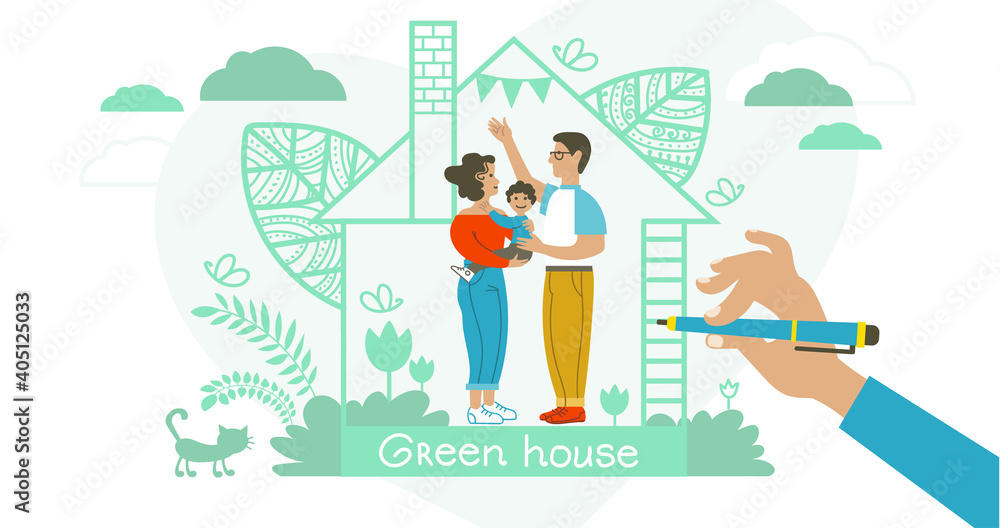 Abstract vector illustration. The family prefers to live in an environmentally friendly house made of quality building materials. Green home concept to save the environment and save the planet.