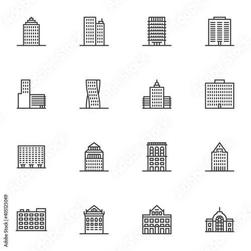 City buildings line icons set  outline vector symbol collection  linear style pictogram pack. Signs  logo illustration. Set includes icons as real estate  residential building  skyscraper office  home