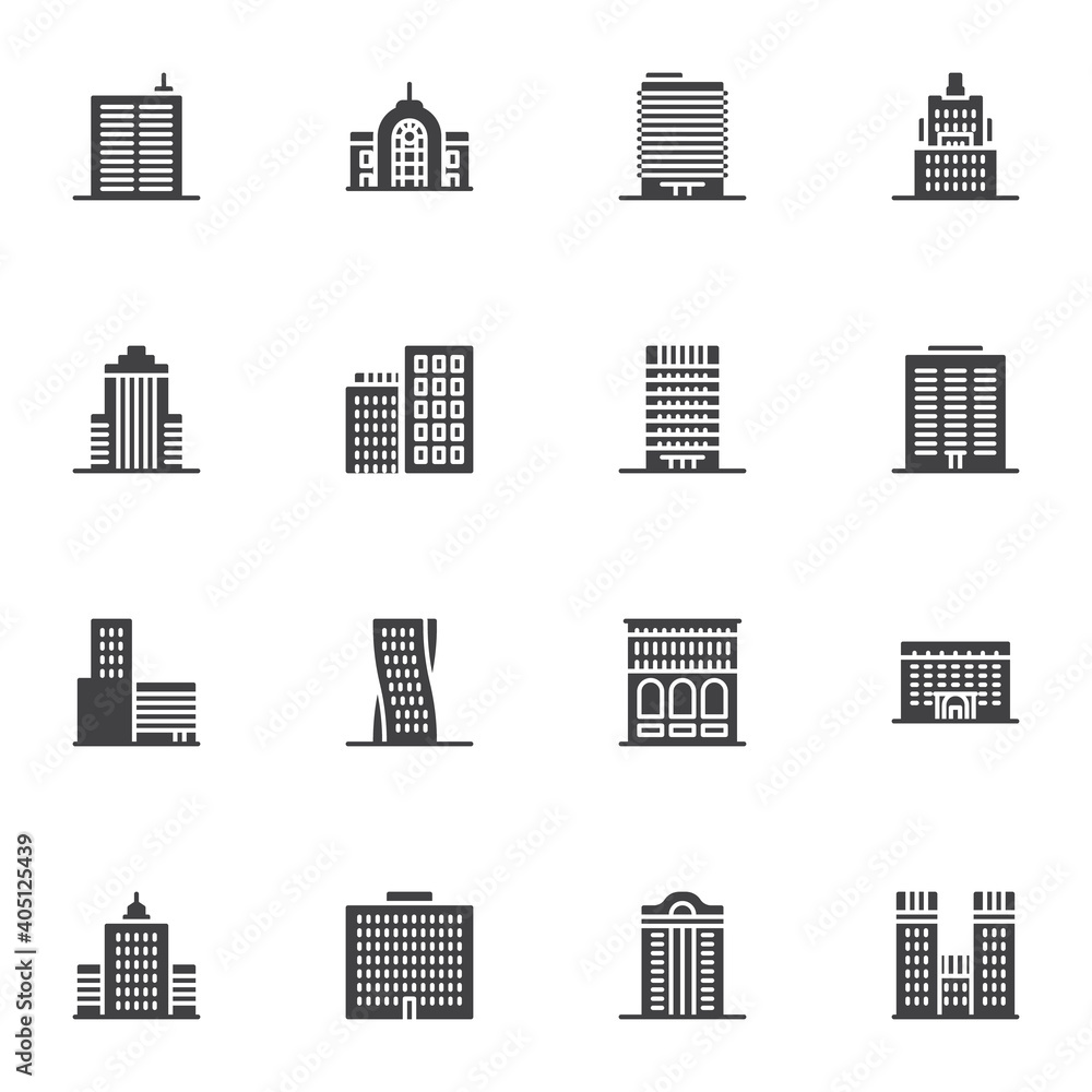 Office buildings vector icons set, architectural building modern solid symbol collection, filled style pictogram pack. Signs, logo illustration. Set includes icons as skyscraper, business office