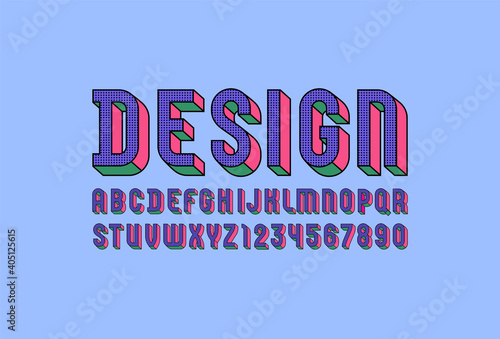 Art bright font, trendy abstract alphabet, modern 3d letters and numbers from black dots, vector illustration 10EPS