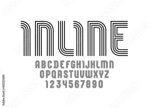 Trendy striped font, black alphabet from lines, capital Latin letters from A to Z and Arab numbers from 0 to 9, vector illustration 10EPS