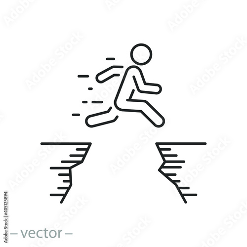 man jumping across the mountain gap icon, life challenge obstacle, jump career barrier, high cliff and people courage, business mission risk, thin line symbol - editable stroke vector illustration