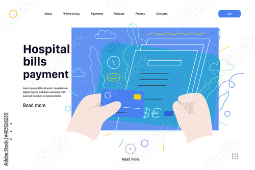 Medical insurance web page template- hospital bills payment -modern flat vector concept digital illustration - patient signing a stack of invoices, holding a credit card, medical service metaphor