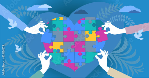 Abstract vector illustration. Human hands of caring people, stretching out puzzle pieces to join them into one big heart. The concept of social support, charity, volunteering.