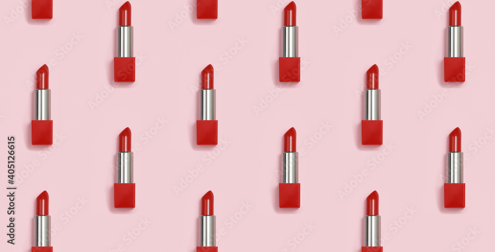Obraz premium Seamless geometric pattern of red lipstick on a pink background.