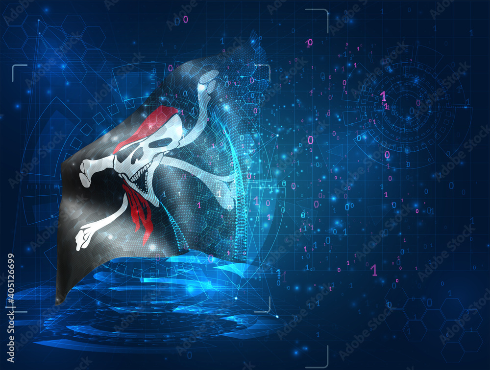 Fototapeta premium skull with pirate bones vector 3d flag on blue background with hud interfaces