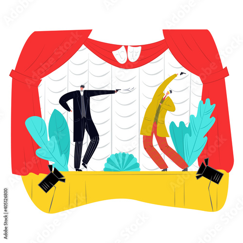Professional theater actor male character play drama theatrical performance, wooden stage flat vector illustration, isolated on white. Creative show concert, man people together scene pistol duel.